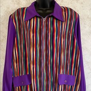 MS Maggie Sweet Zip Up Front Blouse Purple Stripe Elastic Waist Size Large